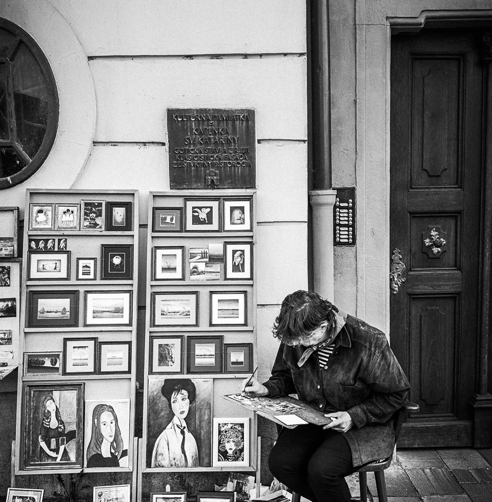 Street artist at work in Bratislava, Slovakia